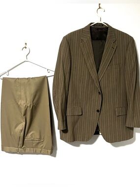 Men's Olive Pinstripe Suit Jacket & Pants - Classic Two-Piece